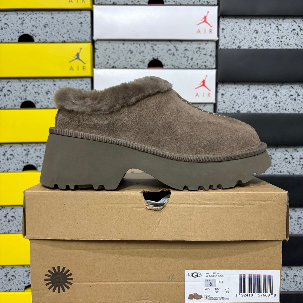 UGG Funkette Platform Clog – Women's Sherpa-Collar Suede Mule in Taupe