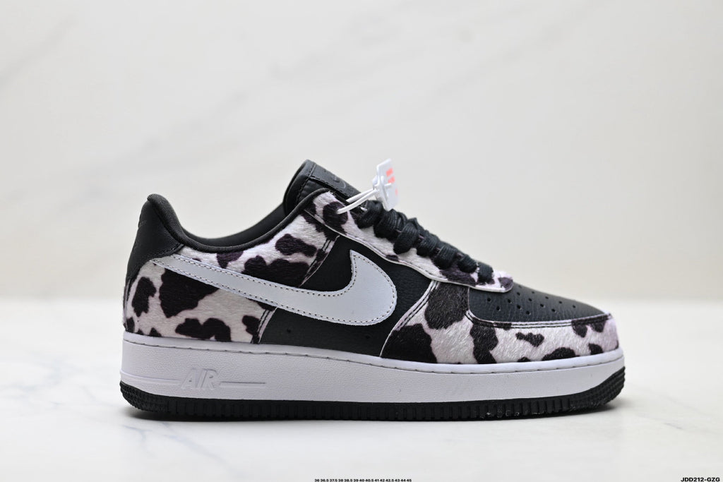 Nike Air Force 1 Low Black White Cow Print Unisex Sneakers Style 05