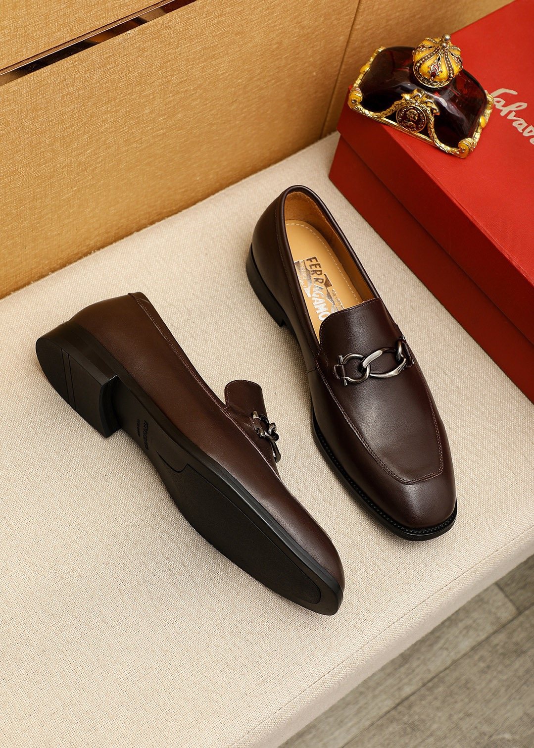 Ferragamo Brown Hardware Loafers